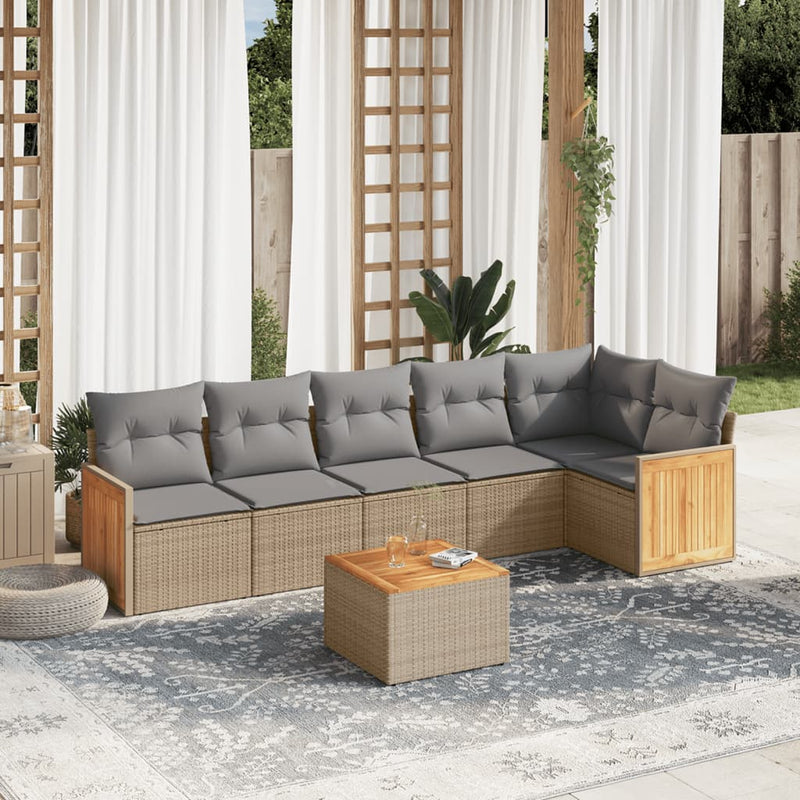 7-delige Loungeset met kussens poly rattan beige
