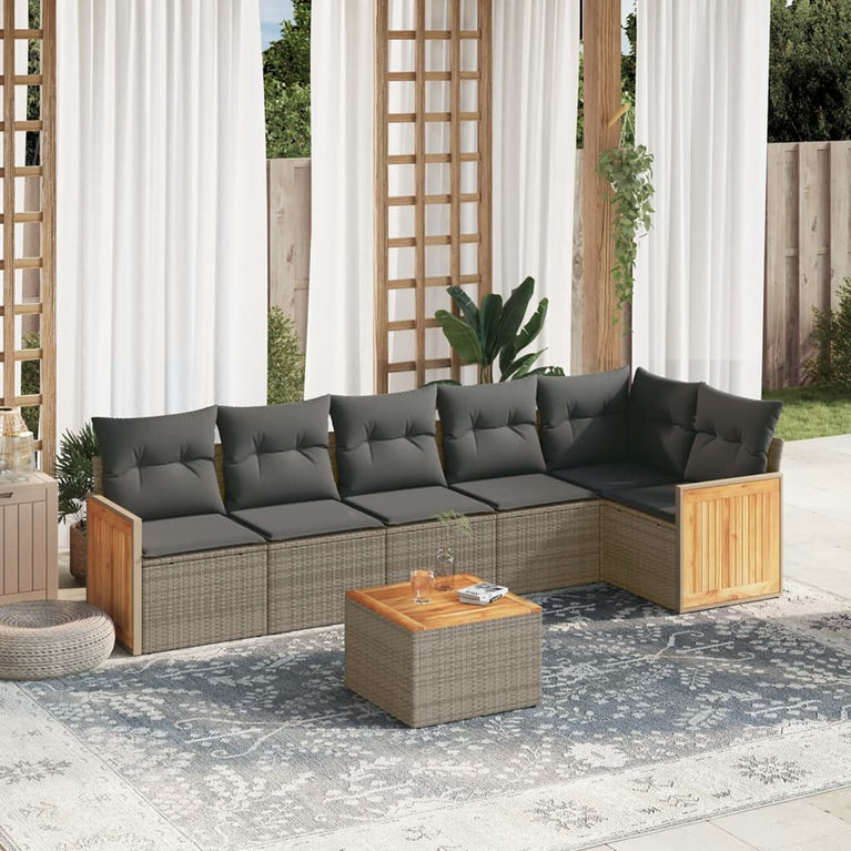 7-delige Loungeset met kussens poly rattan grijs