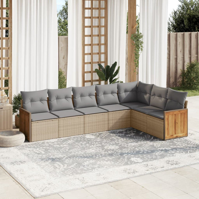 7-delige Loungeset met kussens poly rattan beige
