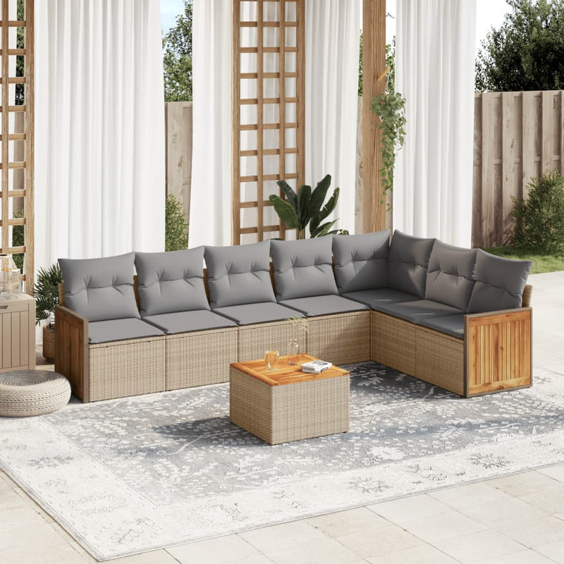 8-delige Loungeset met kussens poly rattan beige