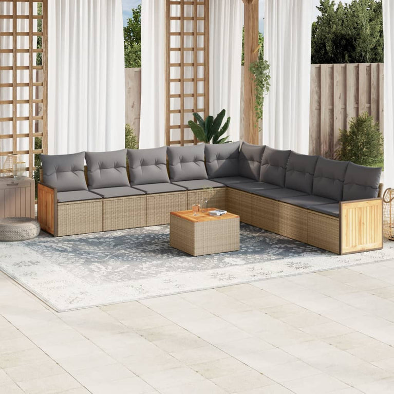 10-delige Loungeset met kussens poly rattan beige