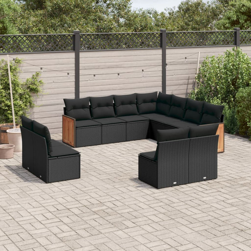 11-delige Loungeset met kussens poly rattan zwart