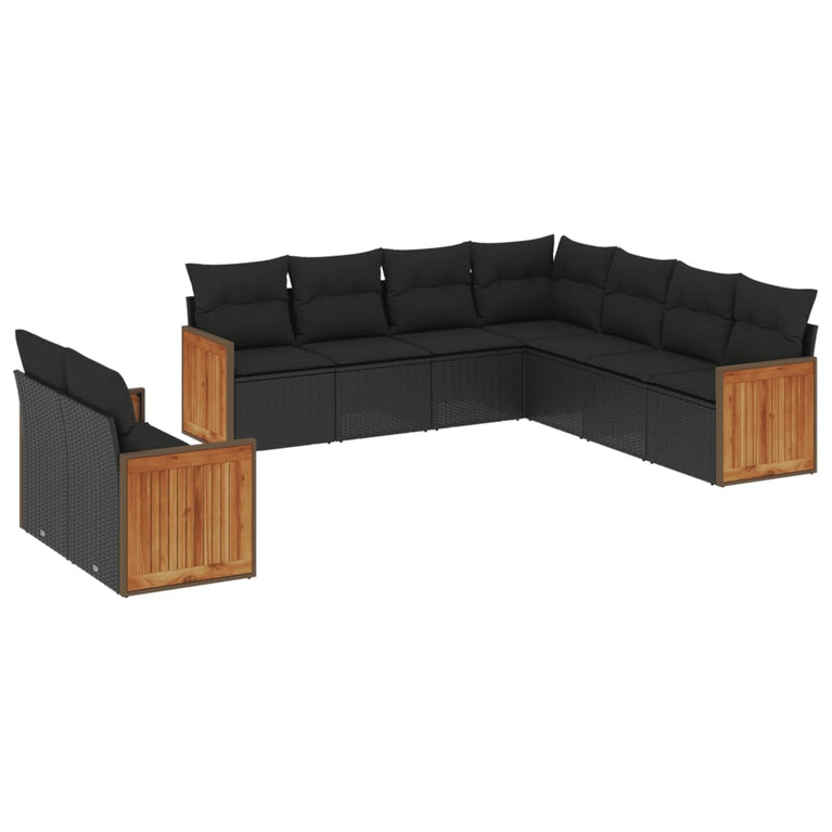 9-delige Loungeset met kussens poly rattan zwart