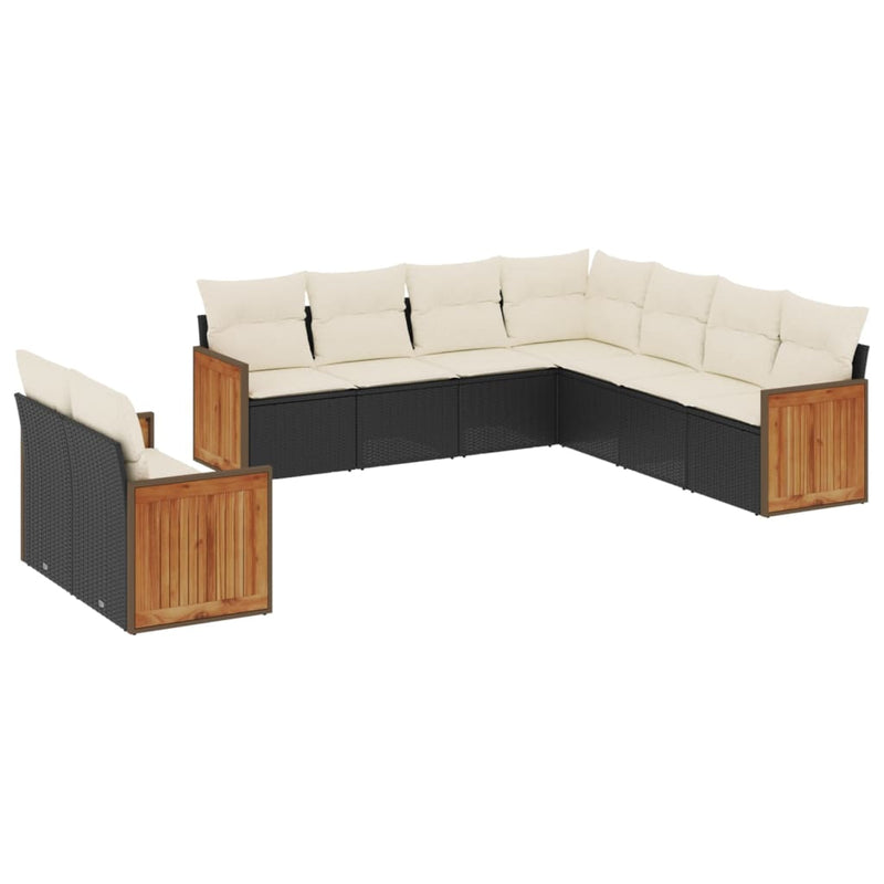 9-delige Loungeset met kussens poly rattan zwart