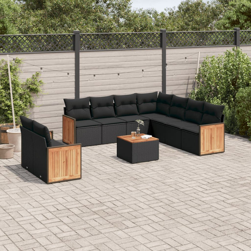 10-delige Loungeset met kussens poly rattan zwart