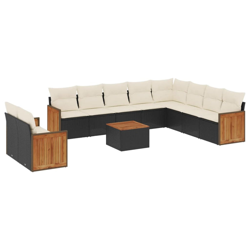 11-delige Loungeset met kussens poly rattan zwart
