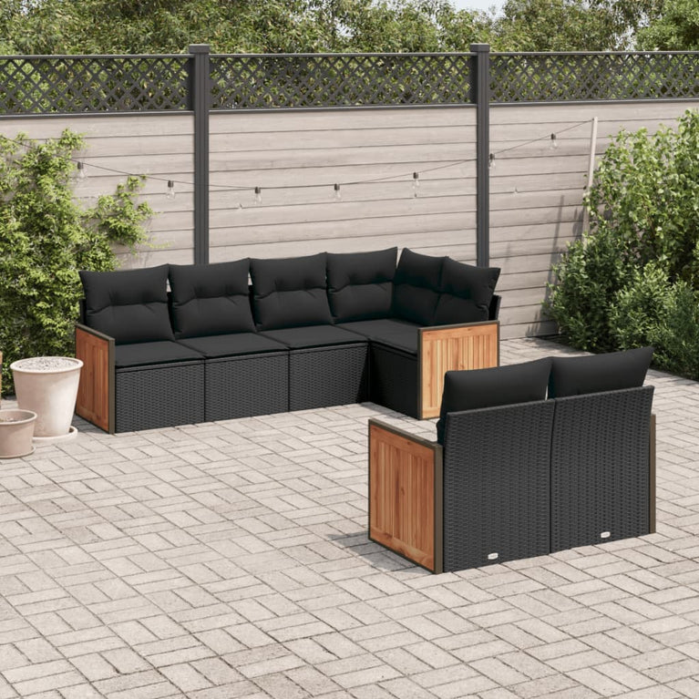 7-delige Loungeset met kussens poly rattan zwart
