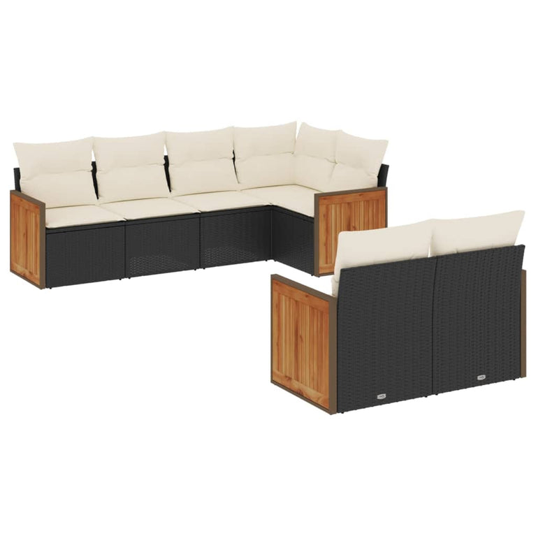 7-delige Loungeset met kussens poly rattan zwart