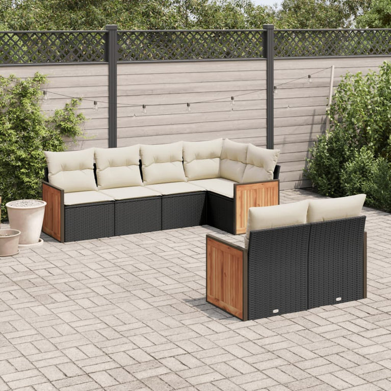 7-delige Loungeset met kussens poly rattan zwart