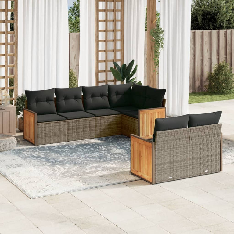 7-delige Loungeset met kussens poly rattan grijs