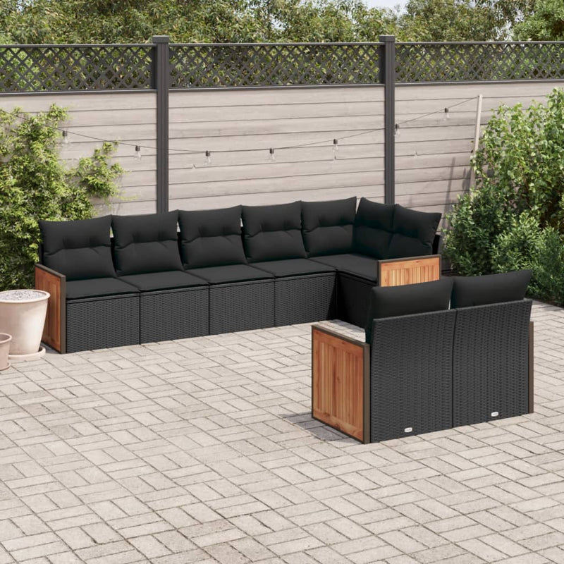 8-delige Loungeset met kussens poly rattan zwart