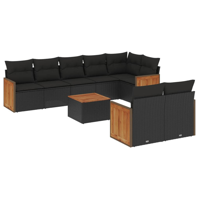 9-delige Loungeset met kussens poly rattan zwart