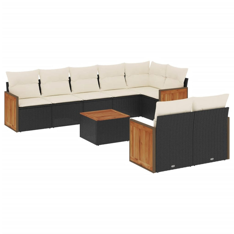 9-delige Loungeset met kussens poly rattan zwart