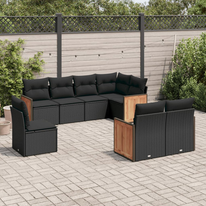 8-delige Loungeset met kussens poly rattan zwart