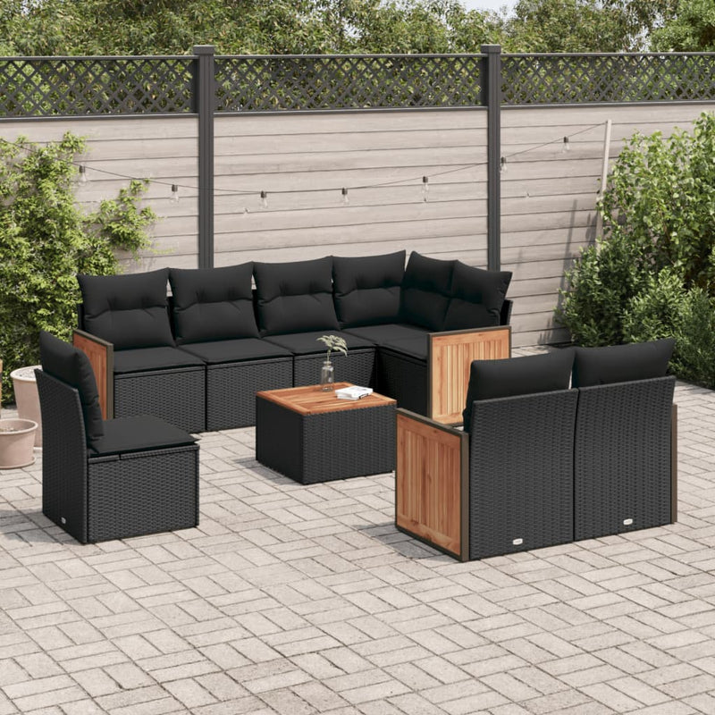 9-delige Loungeset met kussens poly rattan zwart