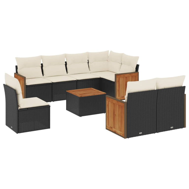 9-delige Loungeset met kussens poly rattan zwart