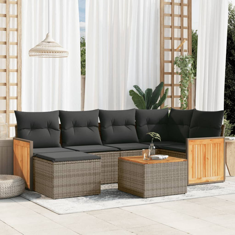 7-delige Loungeset met kussens poly rattan grijs