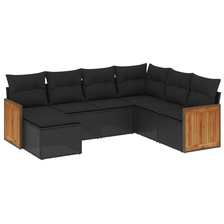 7-delige Loungeset met kussens poly rattan zwart