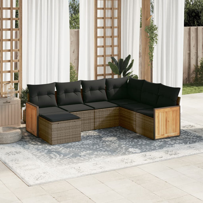7-delige Loungeset met kussens poly rattan grijs