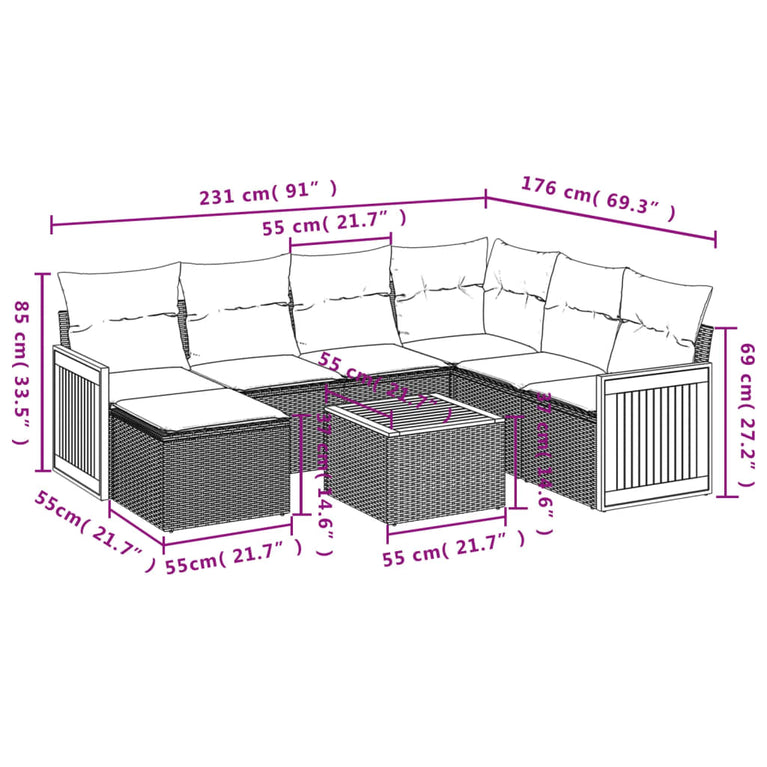 8-delige Loungeset met kussens poly rattan zwart