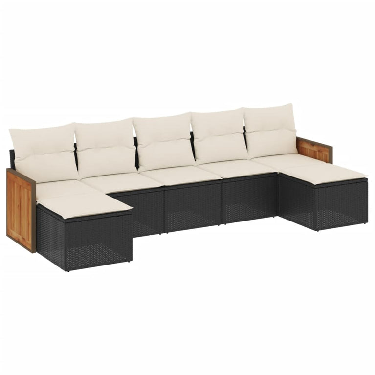 7-delige Loungeset met kussens poly rattan zwart