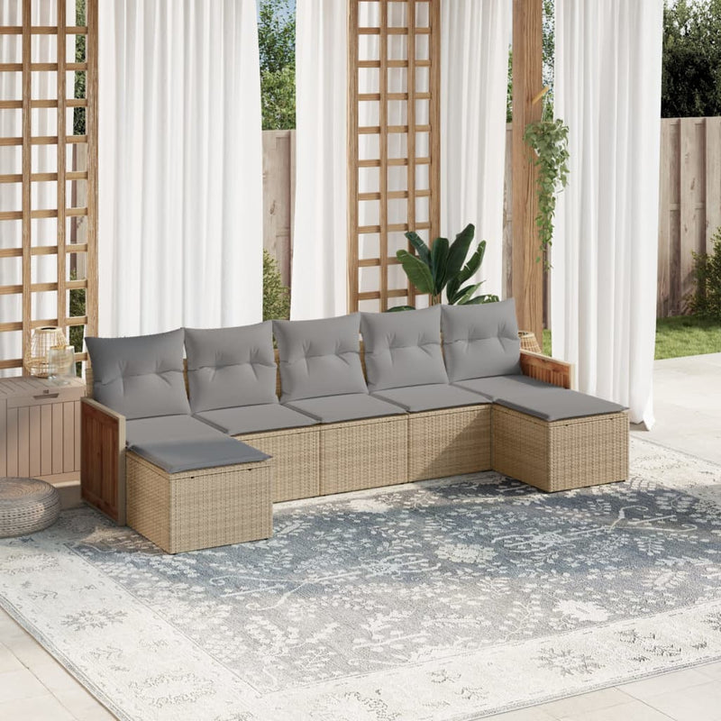 7-delige Loungeset met kussens poly rattan beige