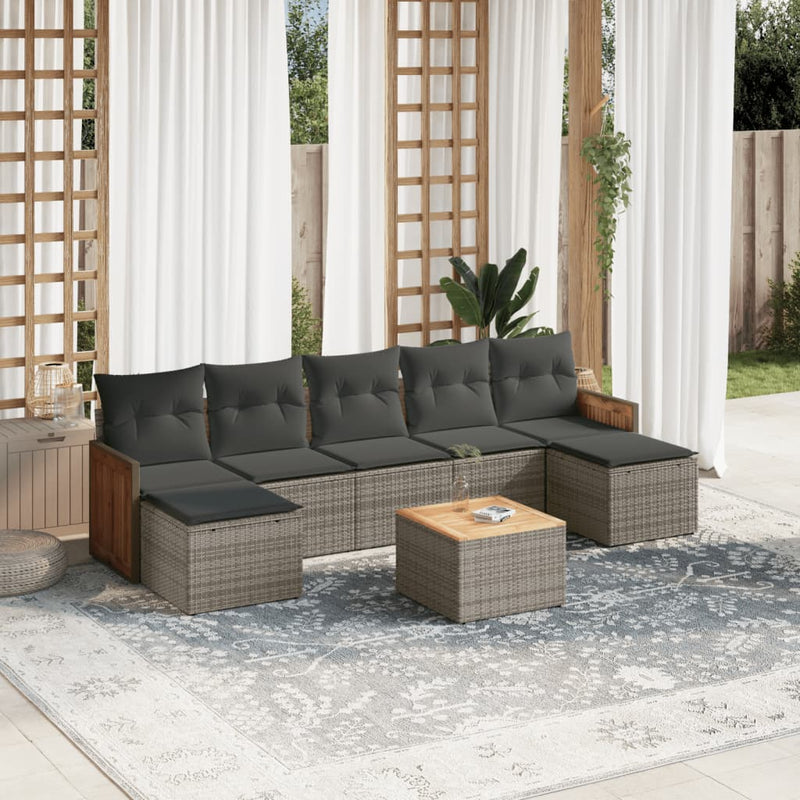8-delige Loungeset met kussens poly rattan grijs