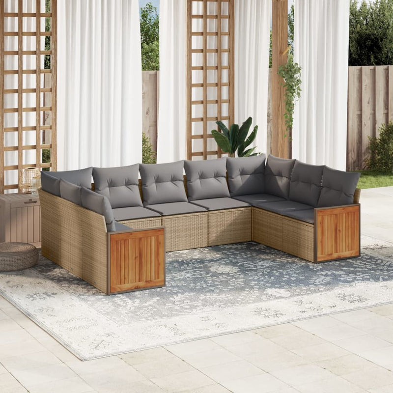 9-delige Loungeset met kussens poly rattan beige