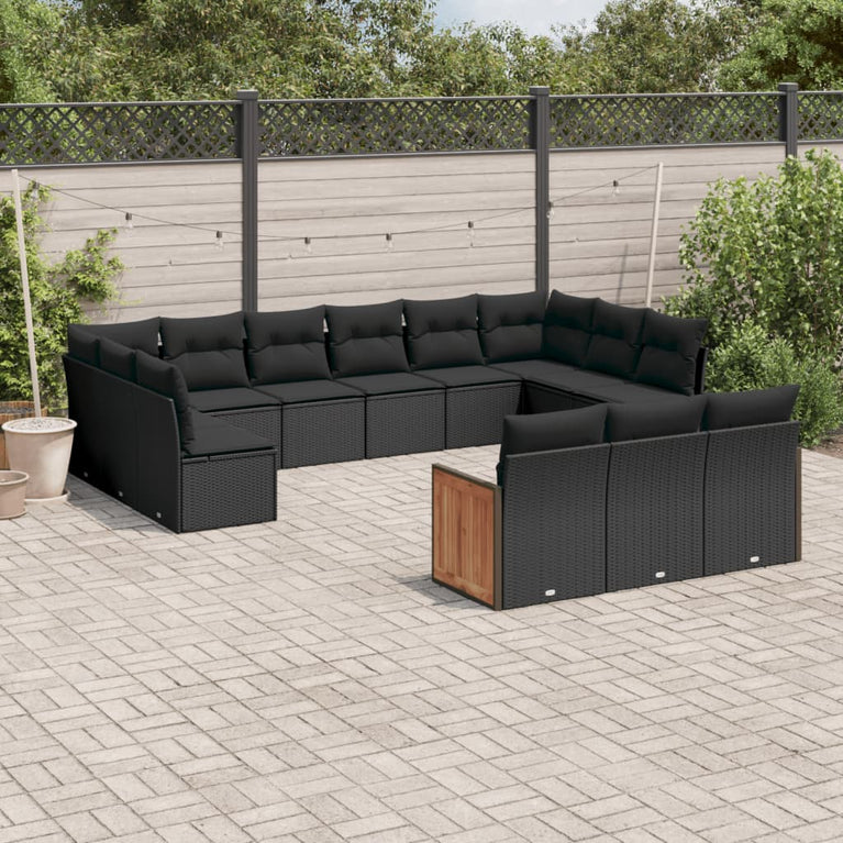 13-delige Loungeset met kussens poly rattan zwart