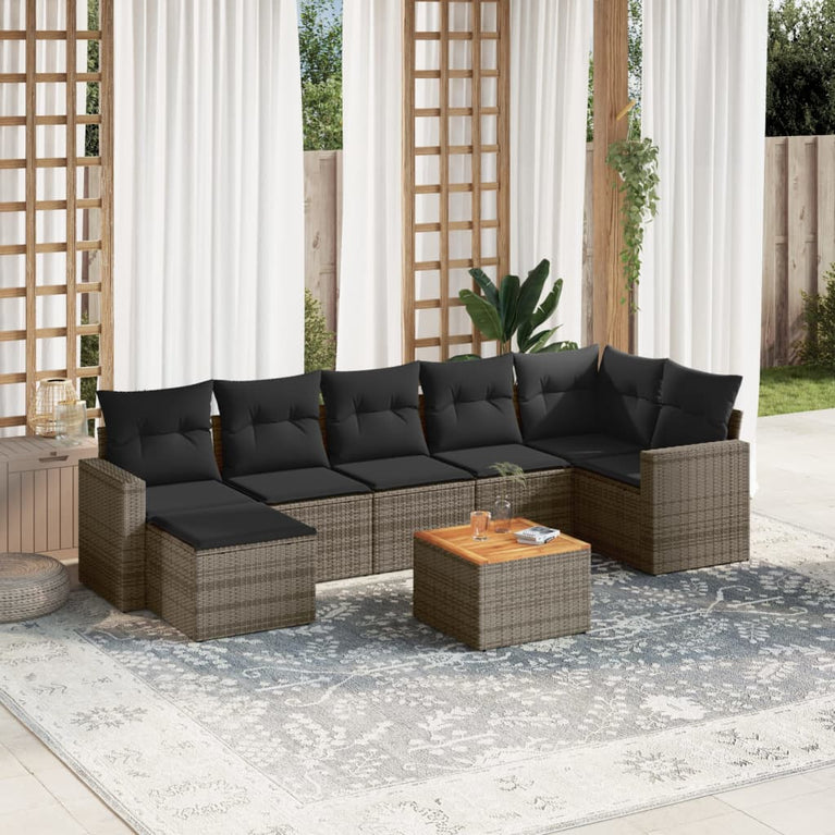 8-delige Loungeset met kussens poly rattan grijs