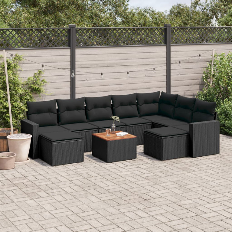10-delige Loungeset met kussens poly rattan zwart