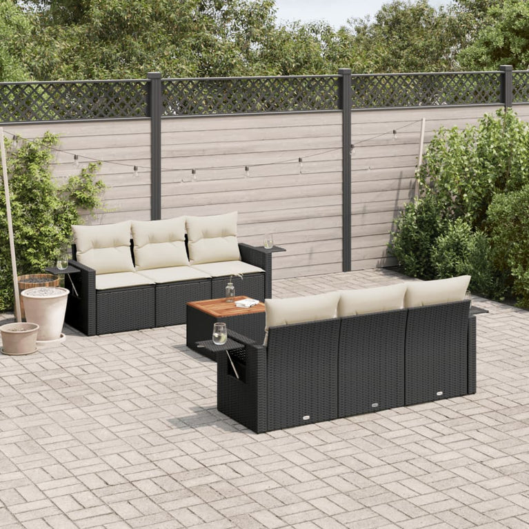 7-delige Loungeset met kussens poly rattan zwart