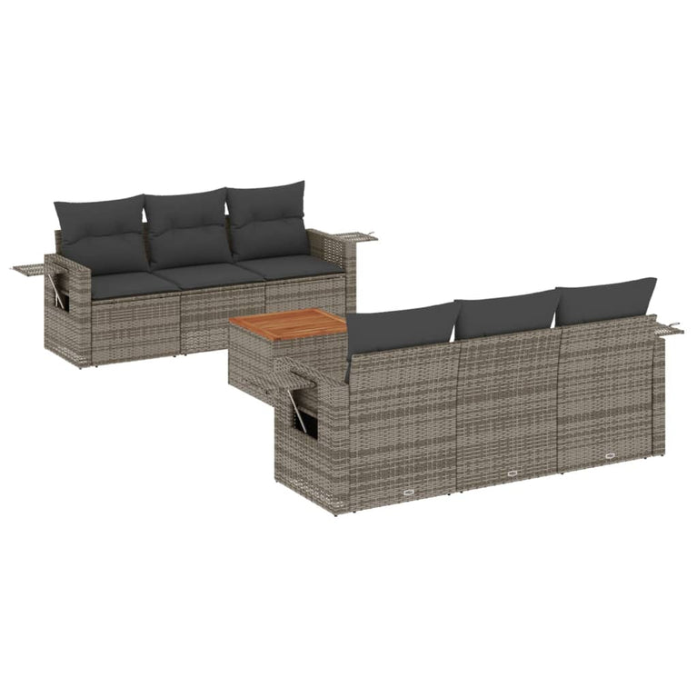 7-delige Loungeset met kussens poly rattan grijs