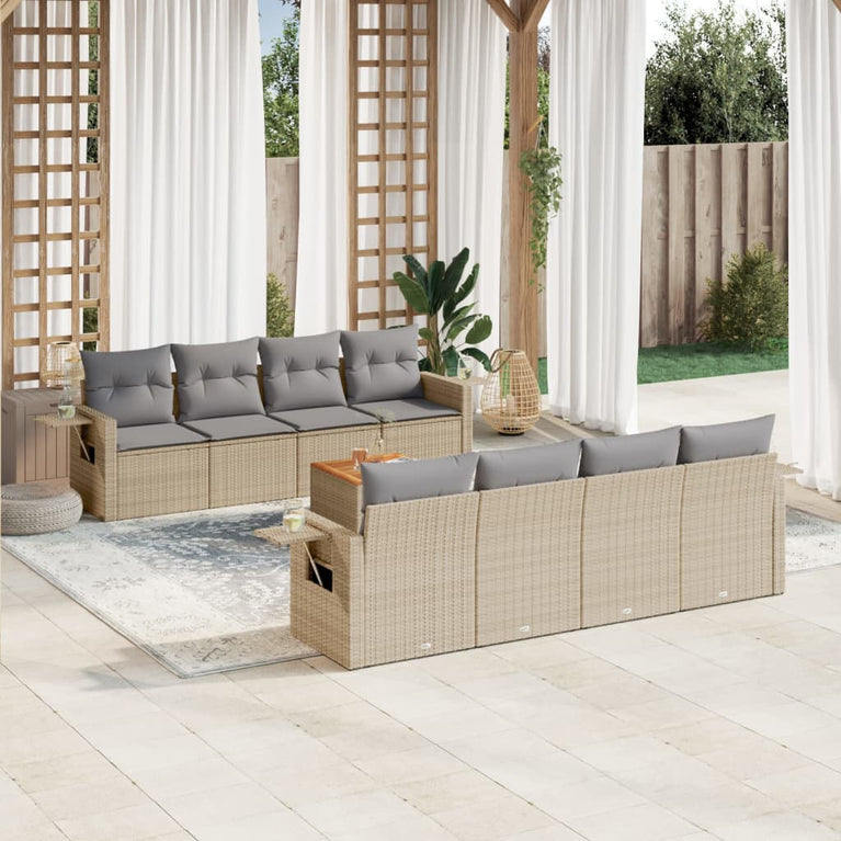 9-delige Loungeset met kussens poly rattan beige
