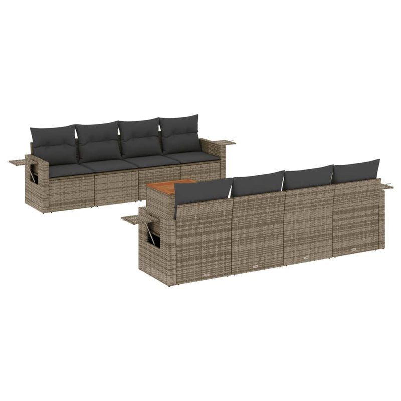 9-delige Loungeset met kussens poly rattan grijs