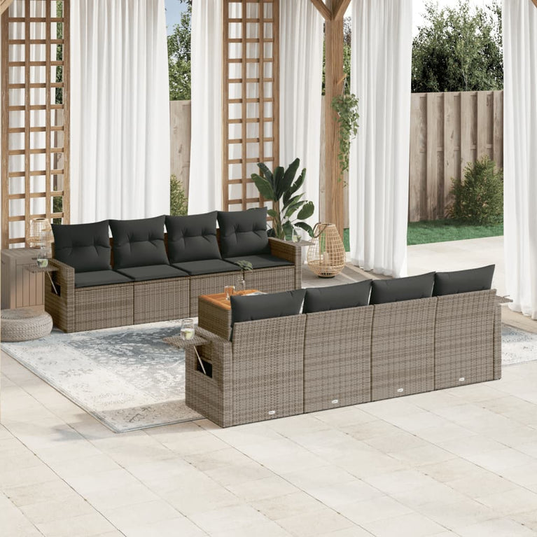 9-delige Loungeset met kussens poly rattan grijs