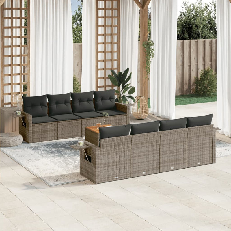 9-delige Loungeset met kussens poly rattan grijs