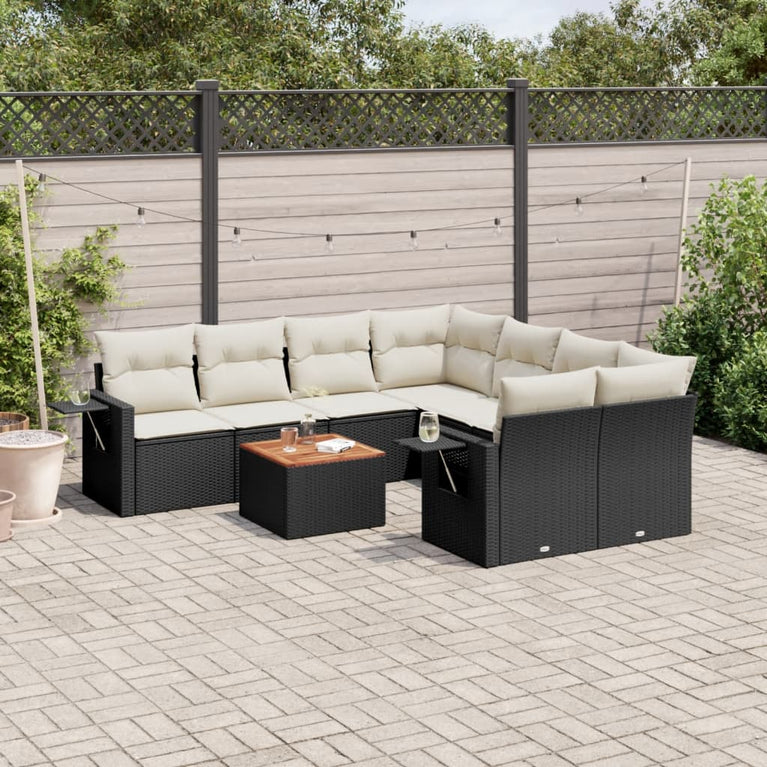 9-delige Loungeset met kussens poly rattan zwart