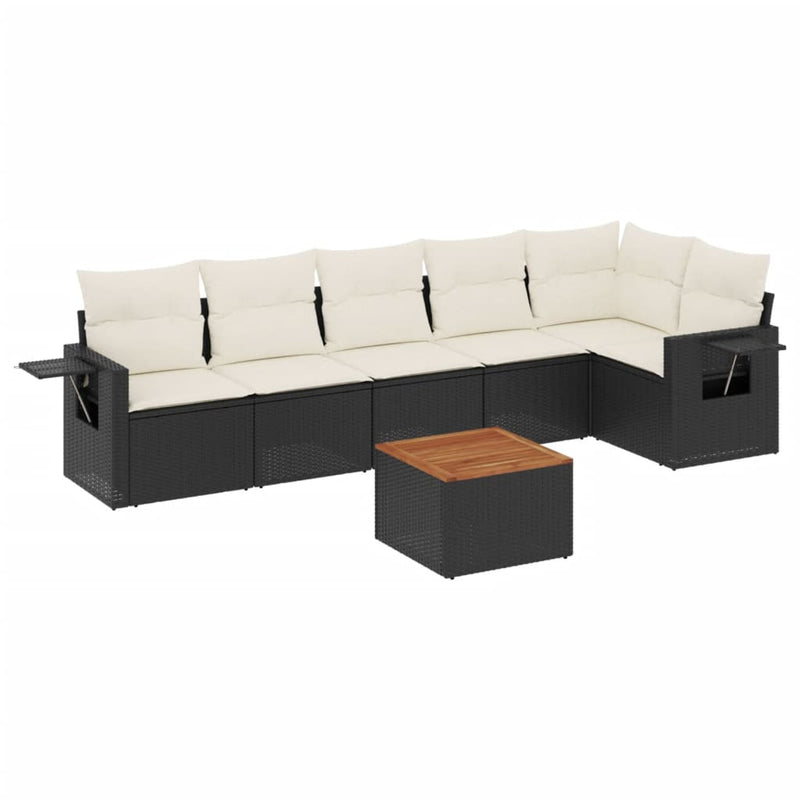 7-delige Loungeset met kussens poly rattan zwart