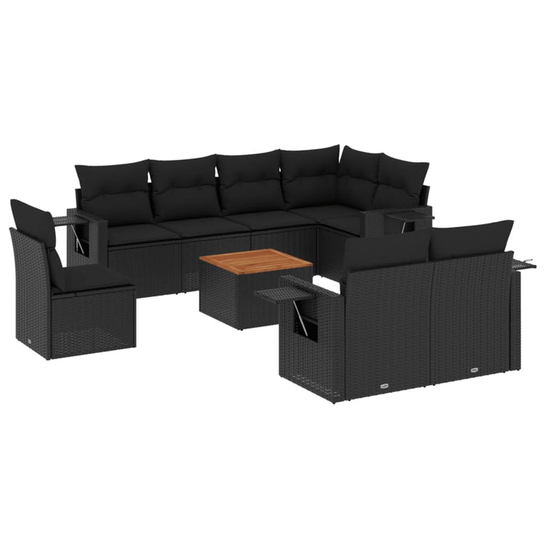 9-delige Loungeset met kussens poly rattan zwart