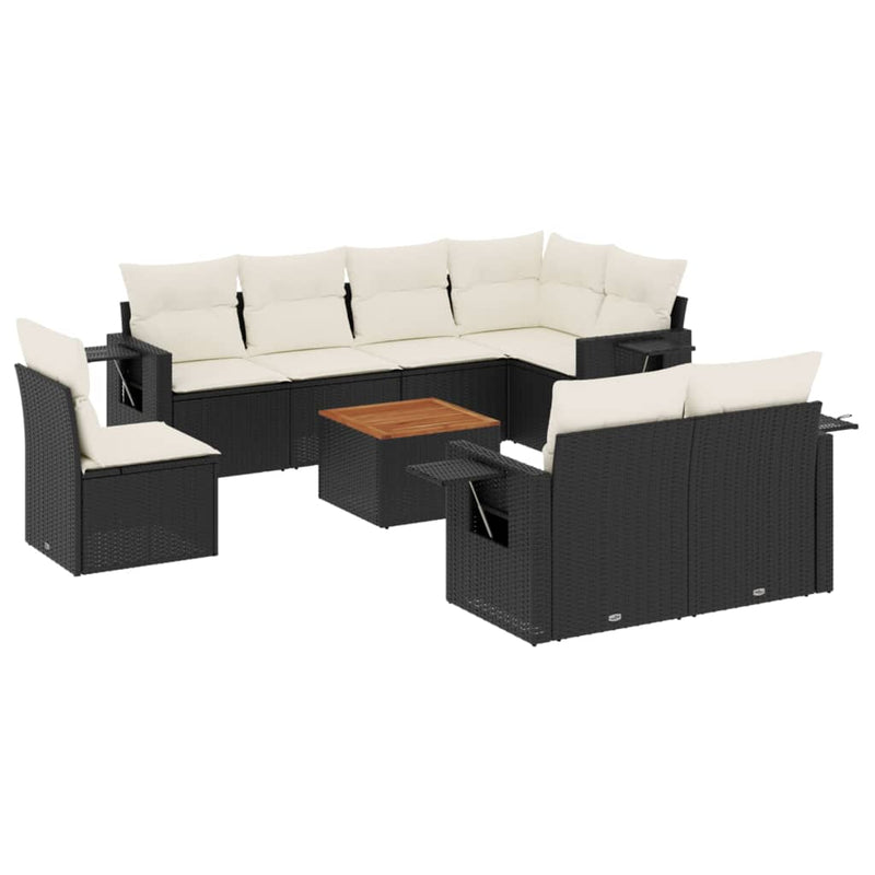 9-delige Loungeset met kussens poly rattan zwart