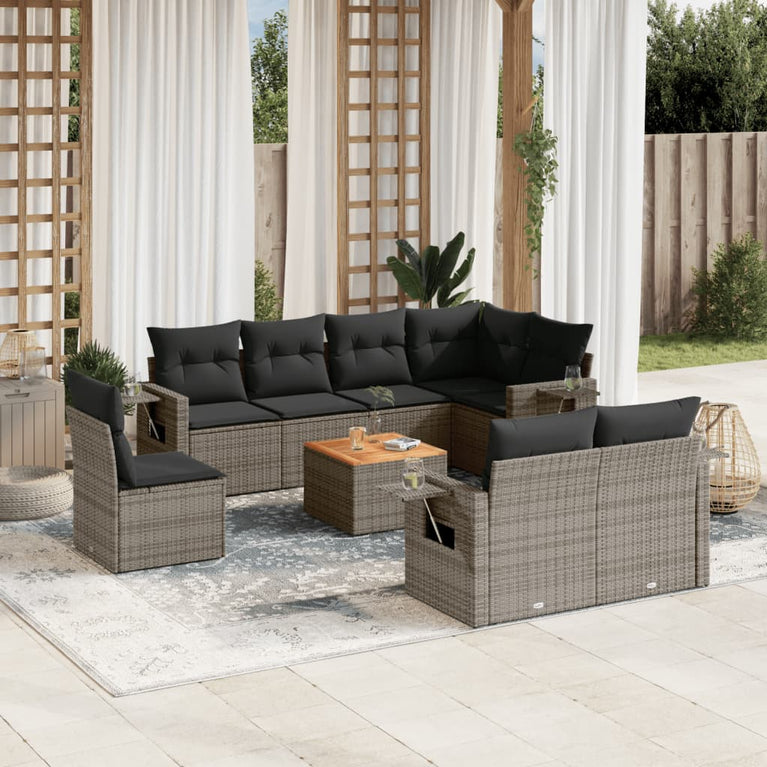9-delige Loungeset met kussens poly rattan grijs