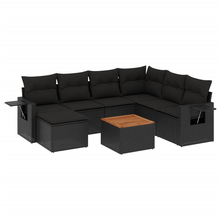 8-delige Loungeset met kussens poly rattan zwart