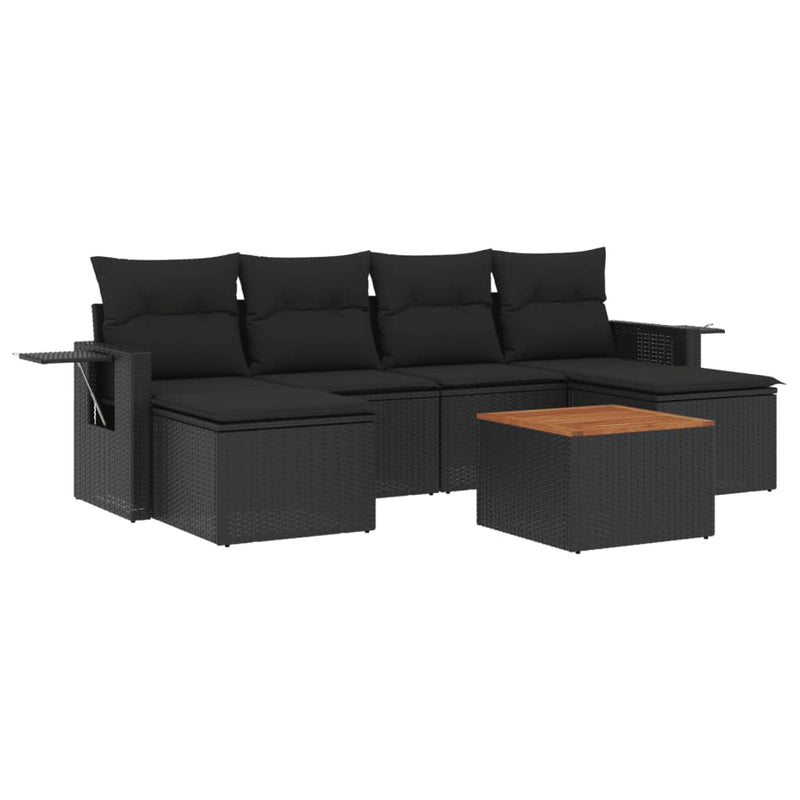 7-delige Loungeset met kussens poly rattan zwart