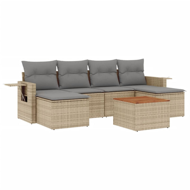 7-delige Loungeset met kussens poly rattan beige
