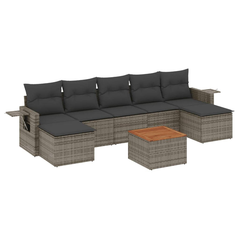 8-delige Loungeset met kussens poly rattan grijs