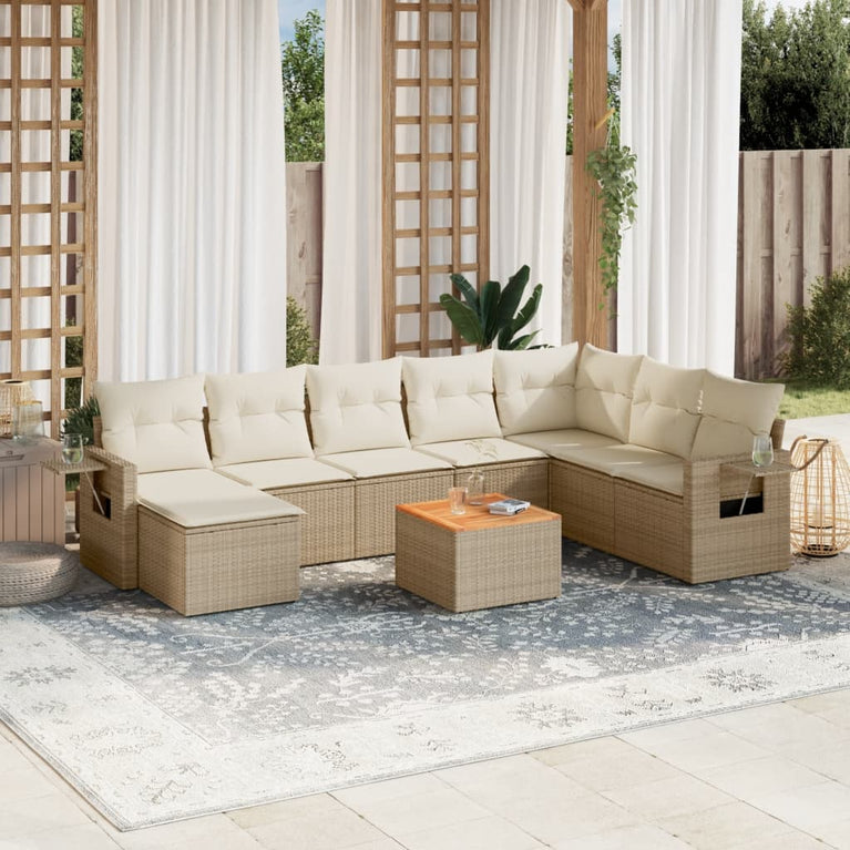 9-delige Loungeset met kussens poly rattan beige