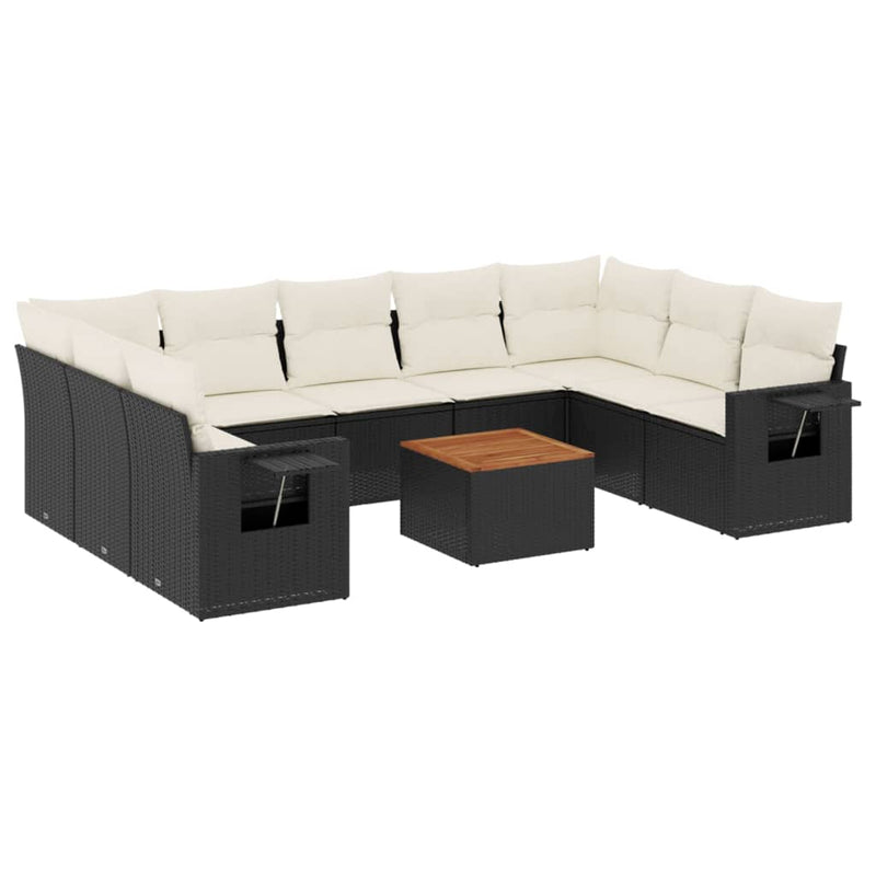 10-delige Loungeset met kussens poly rattan zwart