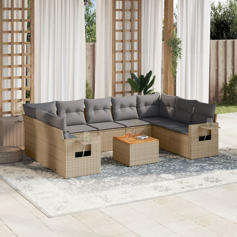 10-delige Loungeset met kussens poly rattan beige