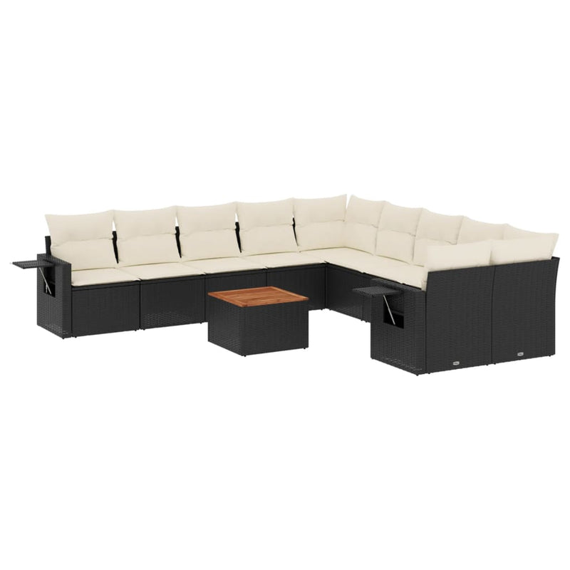 11-delige Loungeset met kussens poly rattan zwart